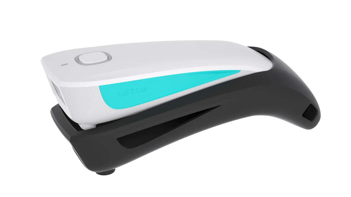 Barcode scanner charging base with white top, black cradle, turquoise accent strip