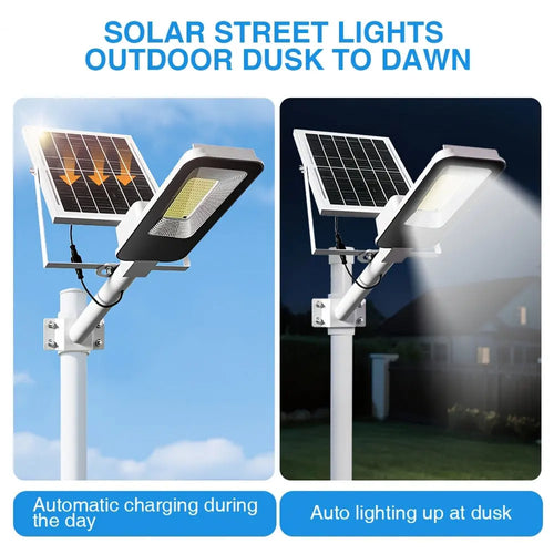 Two solar street lights on poles with black LED heads and tilted solar panels