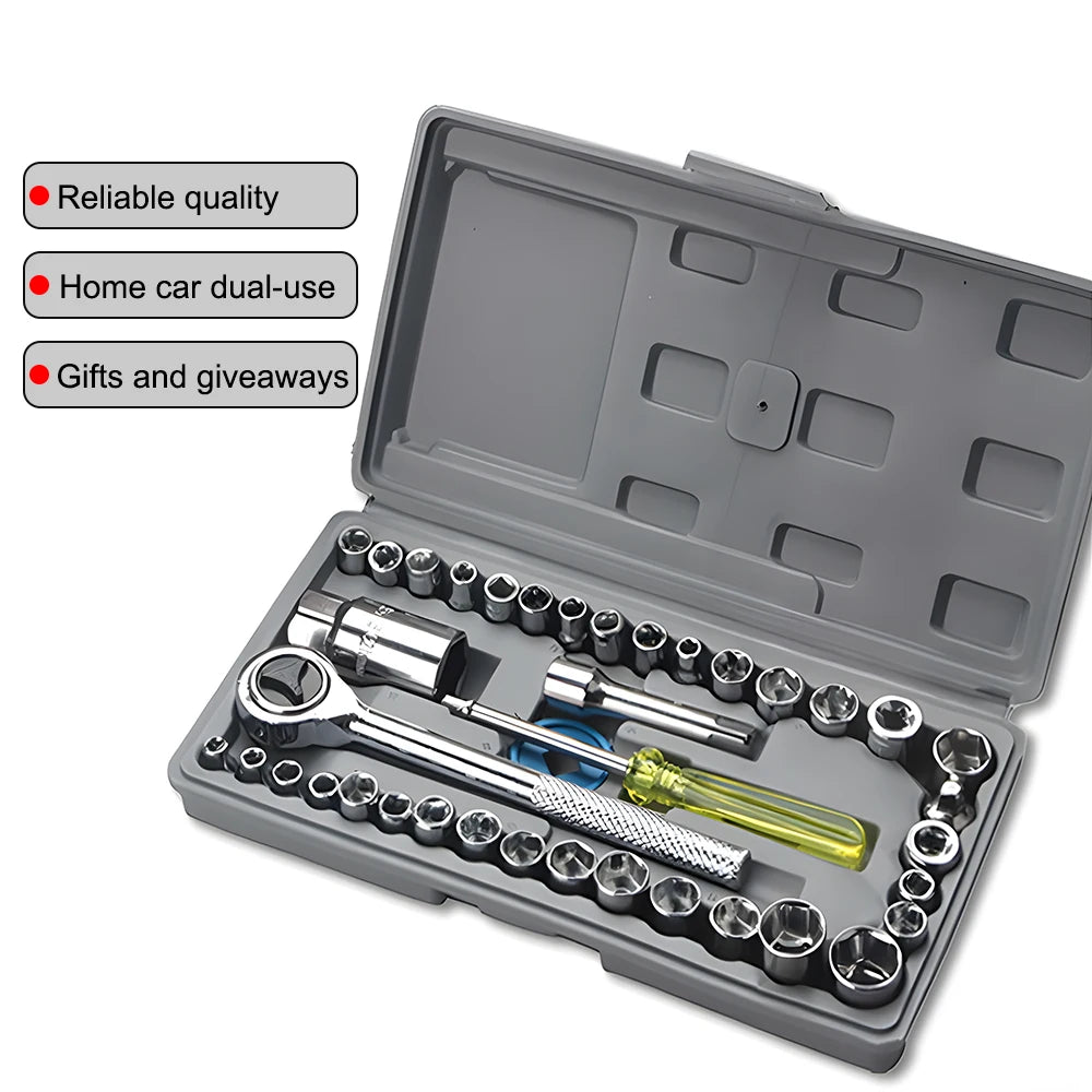 Podofo Socket Set with Ratcheting Wrenches 40 PCS Easy Using High Quality 1/4 Inch 3/8 Drive Carbon Steel Hardened Tempered Socket Mechanics Tool Kits Automotive Mechanical Tools Kit Tooling Kits For Car Maintenance