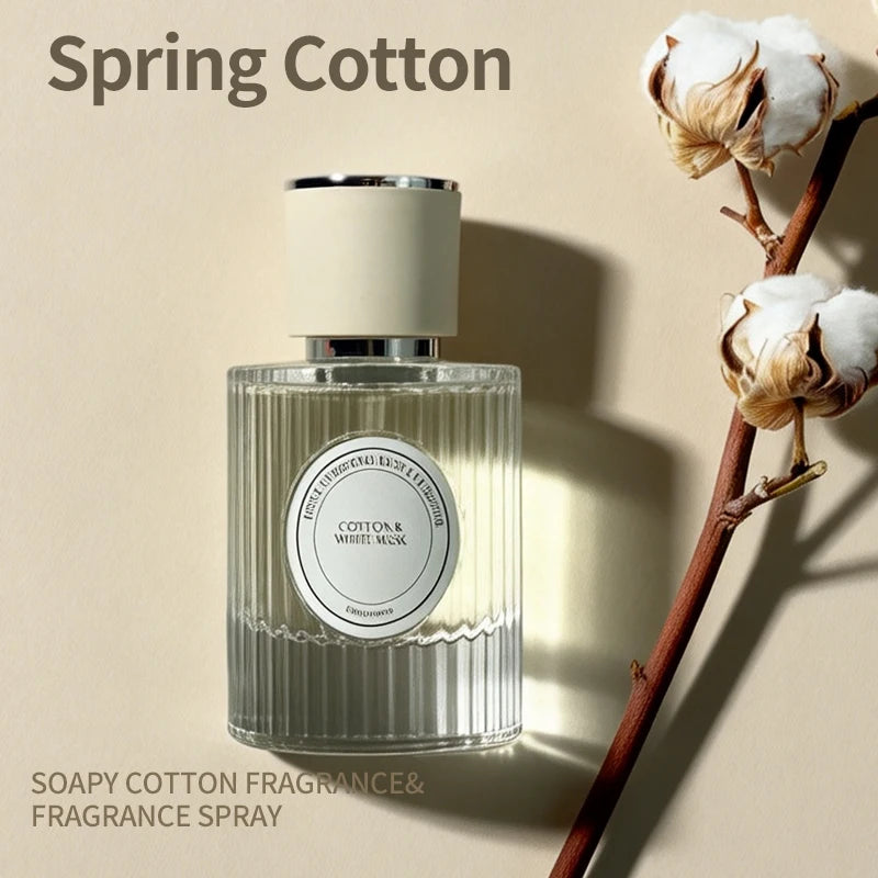 Spring Cotton unisex perfume, glass ribbed bottle, fresh soapy musk scent for daily use, long-lasting fragrance spray.