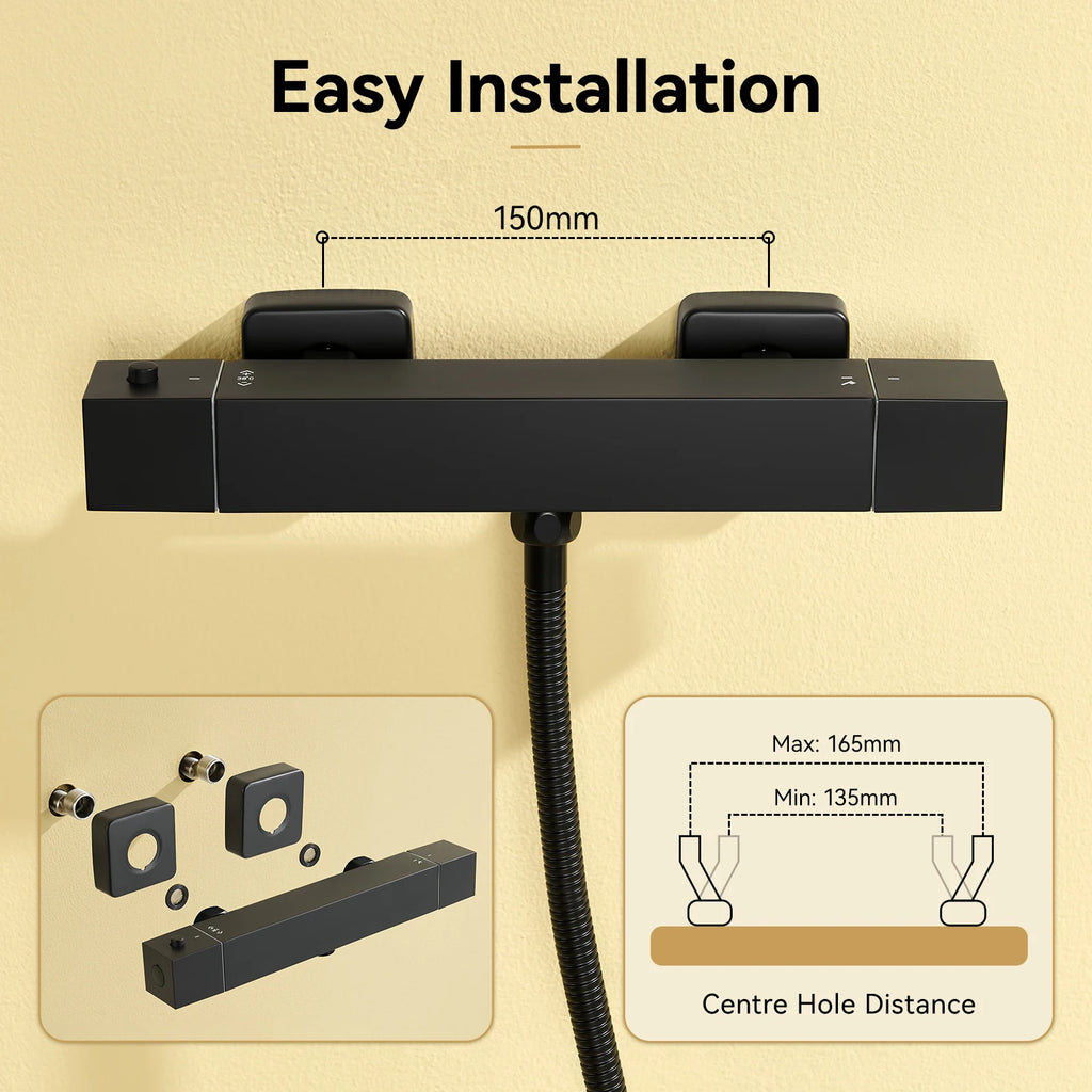 Thermostatic Shower Faucet, Square, Wall-mounted Mixer, Black Thermostatic Mixer, Automatic Thermostat Control, 38°C, G1/2