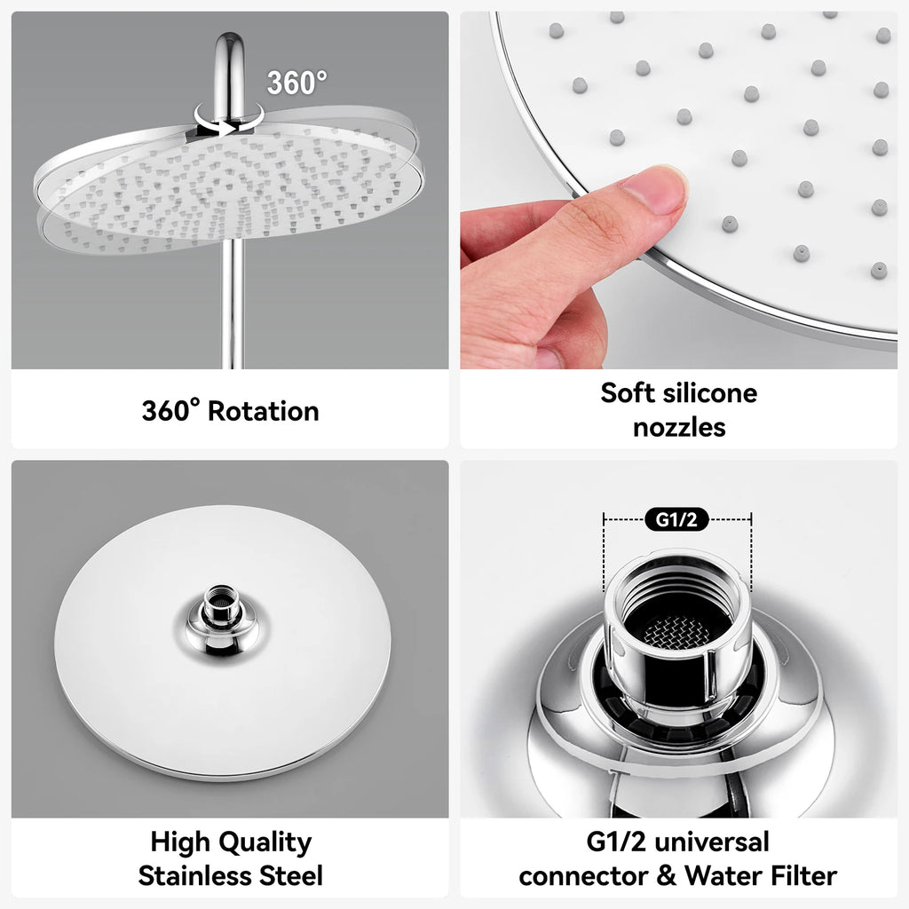 Auralum Shower Column With Thermostatic Tap, 38°C Brass Mixer, Shower Head 25 × 25 Cm, Height Adjustable 102-125cC, Chrome