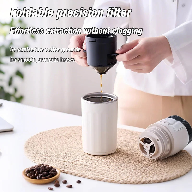 Person holding a black foldable coffee filter dripping into a white travel mug on a woven mat with coffee beans.