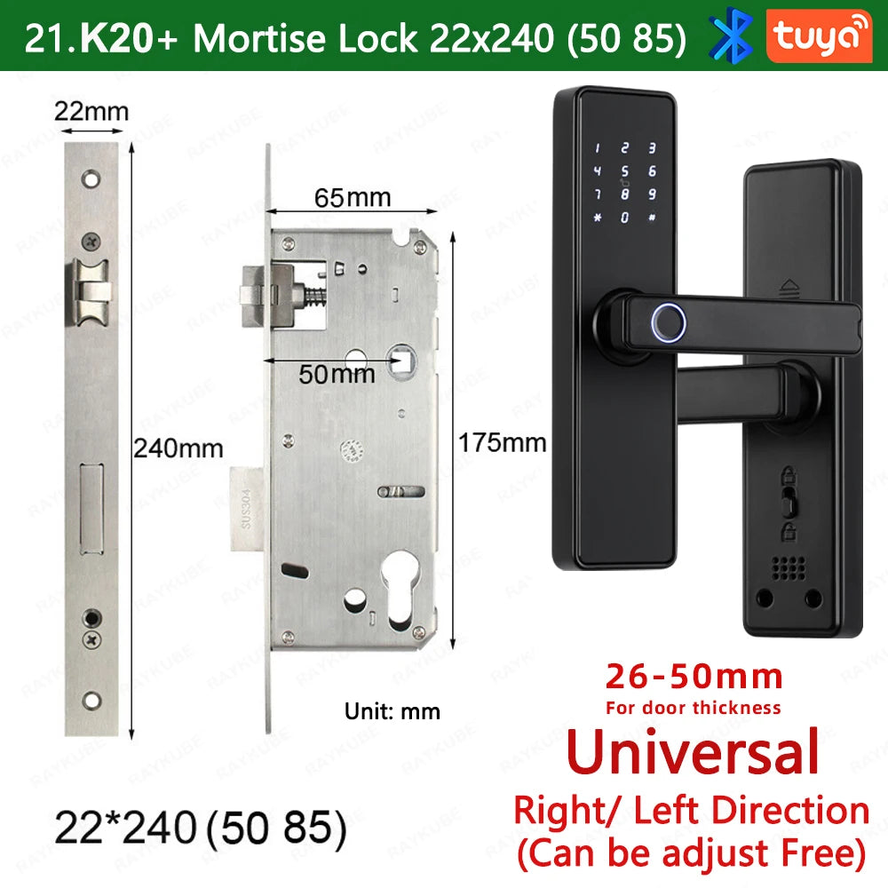 RAYKUBE K20 9-language Biometric Fingerprint Door Lock Electronic Door Lock with  Tuya APP/IC Card/Password/ Key Unlock