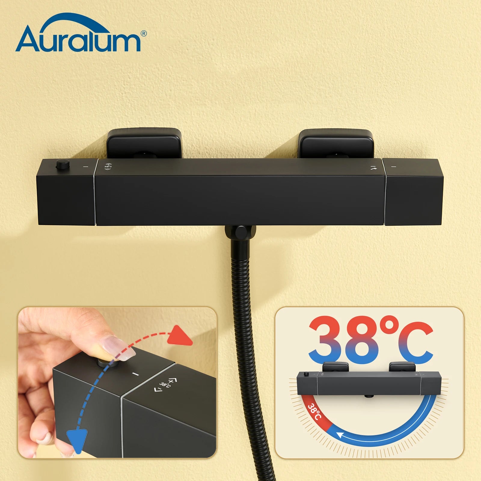 Thermostatic Shower Faucet, Square, Wall-mounted Mixer, Black Thermostatic Mixer, Automatic Thermostat Control, 38°C, G1/2