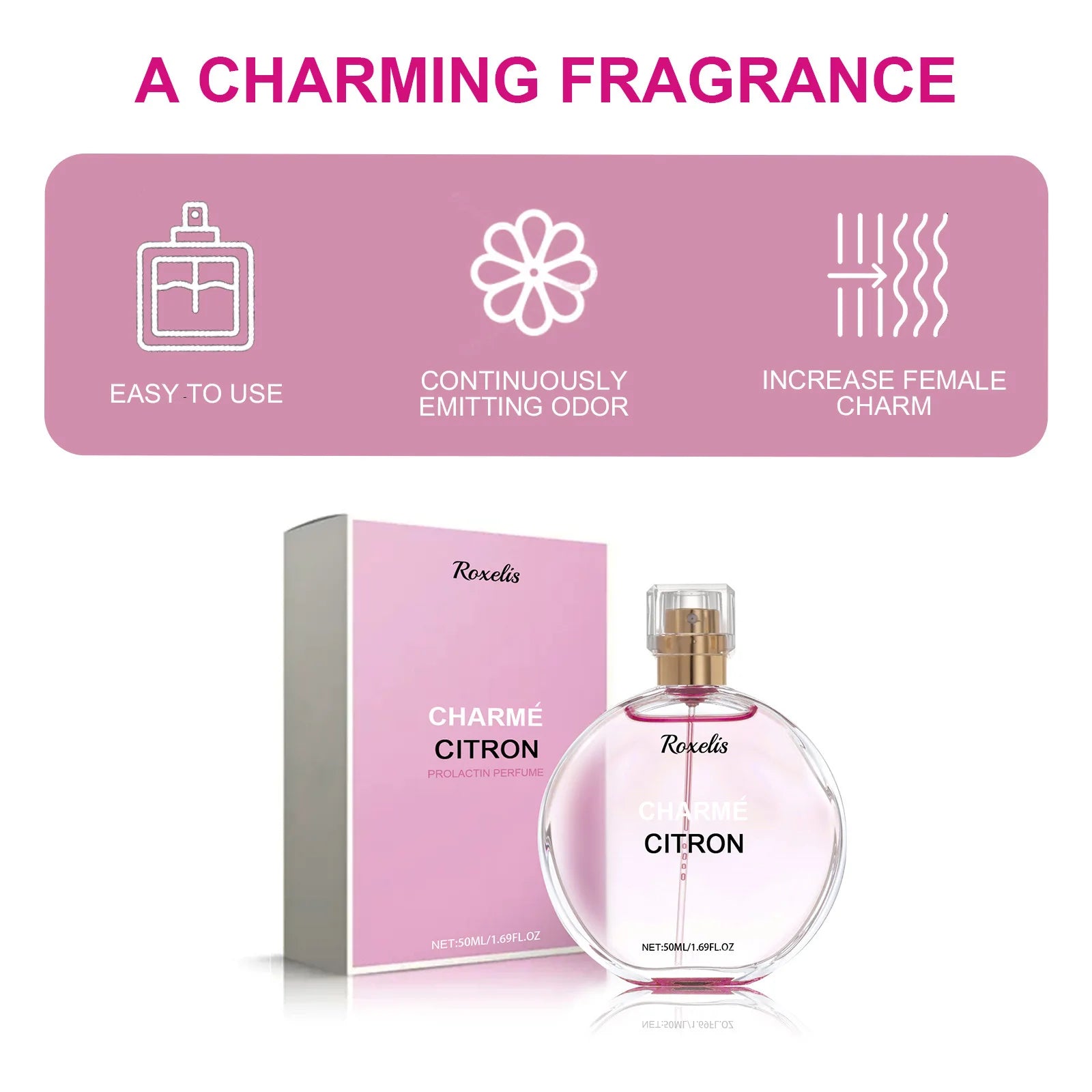 Roxelis Charme Citron 50ml floral pheromone perfume for women. Long-lasting fresh spray in a round glass bottle.