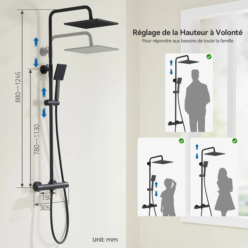 Shower bar with thermostatic mixer tap, anti-scald mixer tap, 25x25 cm shower, adjustable shower bar without drilling, Black