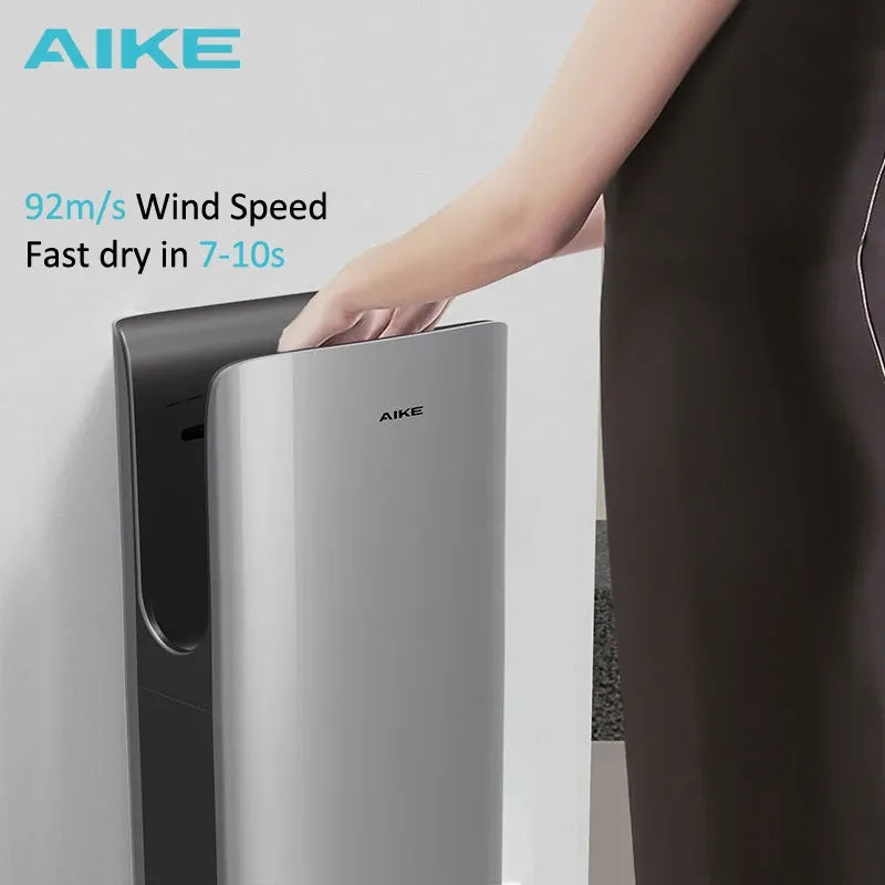 AIKE high-speed hand dryer mounted on wall, drying hands fast in 7-10s with 92m/s airflow.