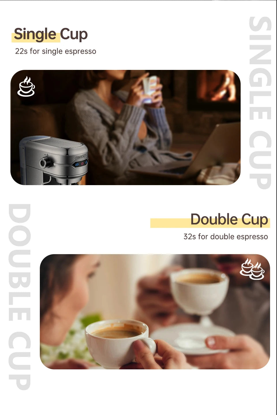 Silver espresso machine brewing single and double shots with illuminated controls for convenient home coffee brewing.