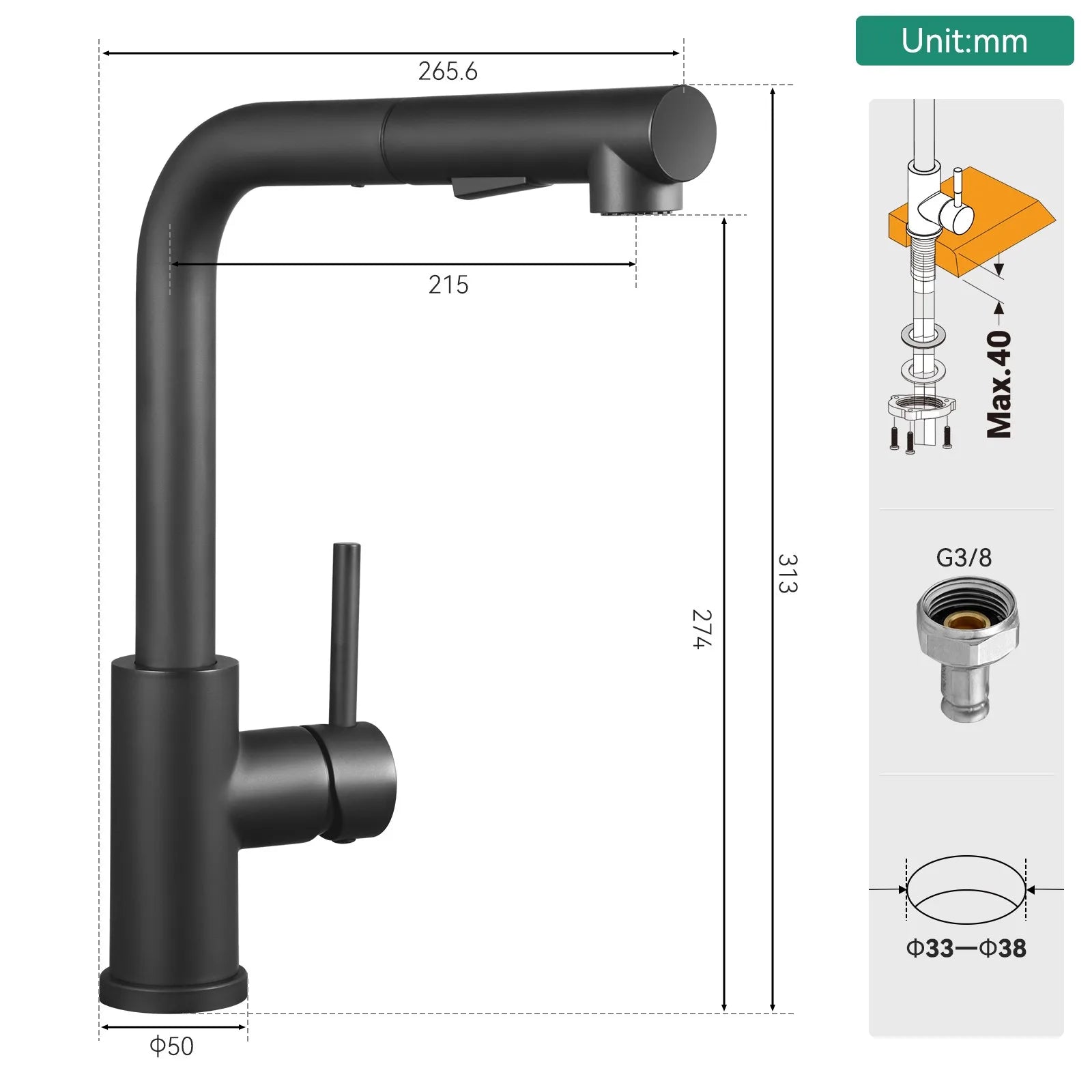 Black Kitchen Faucet with Shower, Kitchen Mixer with Pull-Out Sprayer, 304 Stainless Steel Kitchen Tap, 2-Jet 360° Rotating Sink Faucet