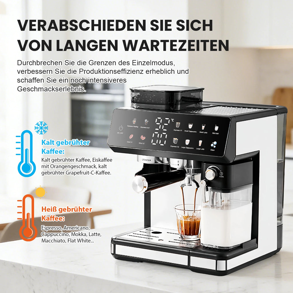 Black and white automatic espresso machine with built-in grinder, milk frother, and digital touchscreen display.