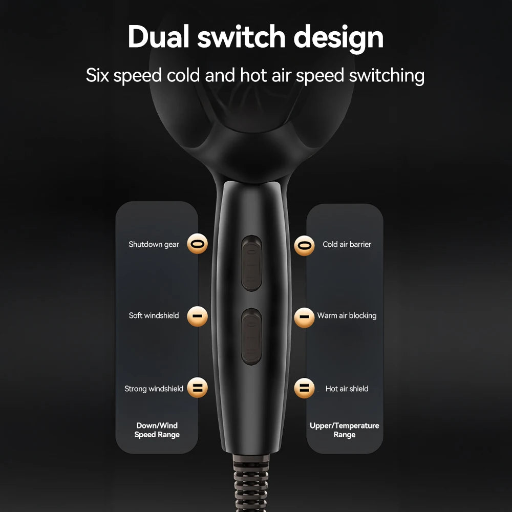 Black professional hair dryer featuring dual switches for 6 speed/heat settings for fast drying and styling control.