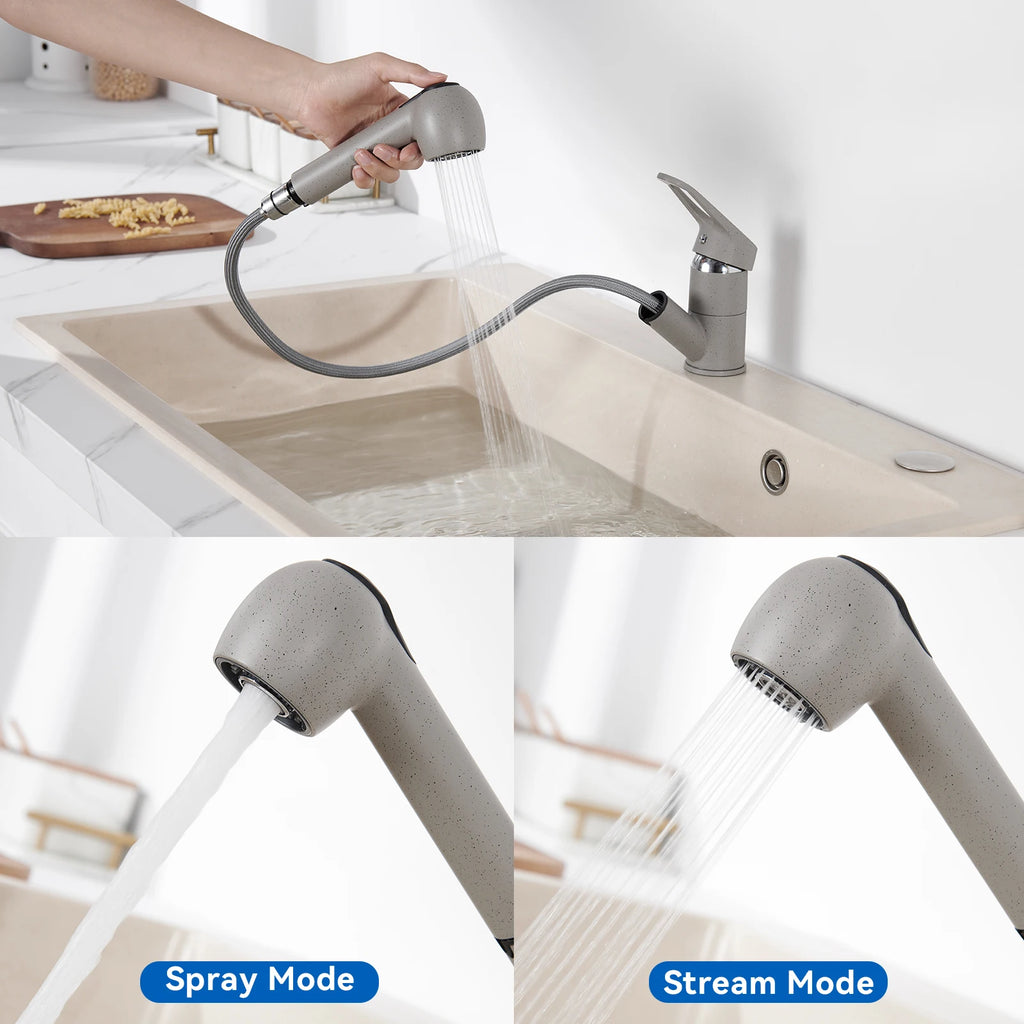 Kitchen Tap Grey, Pipe Shape Pull Out Kitchen Faucet 180 Swivel, 2 Modes Spray Hot Cold Water Mixer, Brass Body Drink Water Sink Mixer, Easy Install PEX Hose, Standard G3/8 Modern Home Laundry Deck Mounted Water Tap
