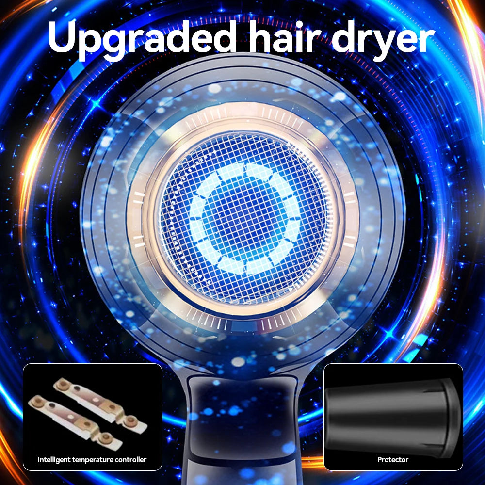 Professional negative ion hair dryer with intelligent temperature control and sleek black nozzle attachment for fast drying.