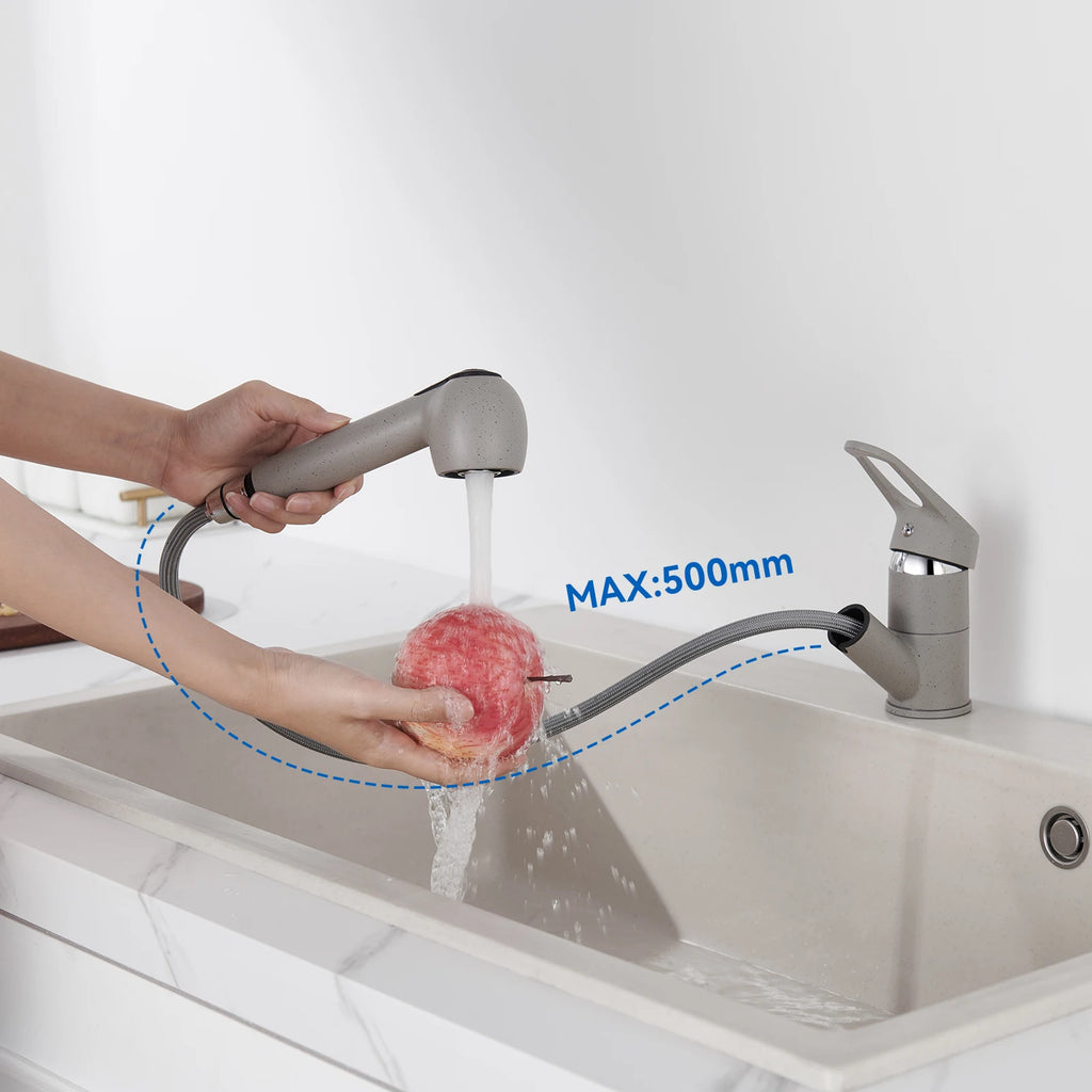 Kitchen Tap Grey, Pipe Shape Pull Out Kitchen Faucet 180 Swivel, 2 Modes Spray Hot Cold Water Mixer, Brass Body Drink Water Sink Mixer, Easy Install PEX Hose, Standard G3/8 Modern Home Laundry Deck Mounted Water Tap