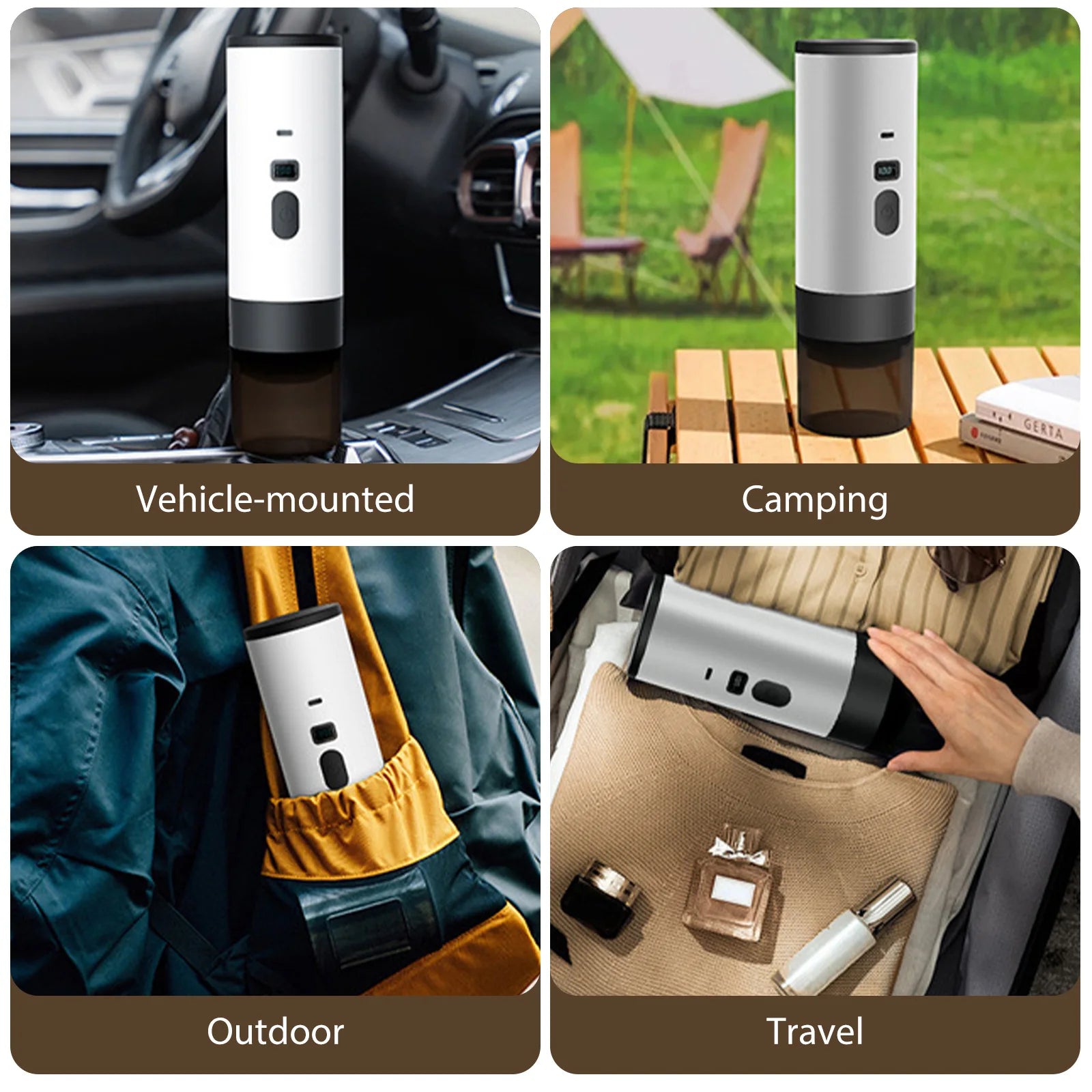 Portable white and black electric coffee maker for travel, car, and camping, showing compact cylindrical design.