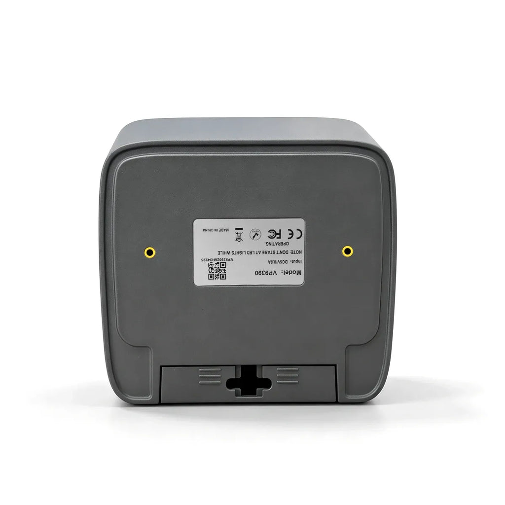Desktop barcode scanner rear view with label, dark gray housing