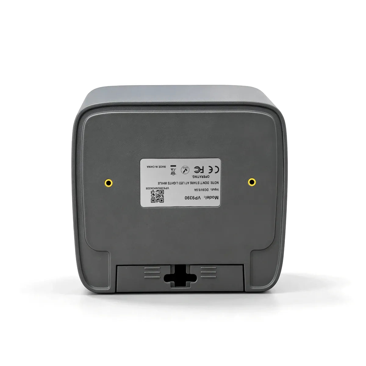 Desktop barcode scanner rear view with label, dark gray housing