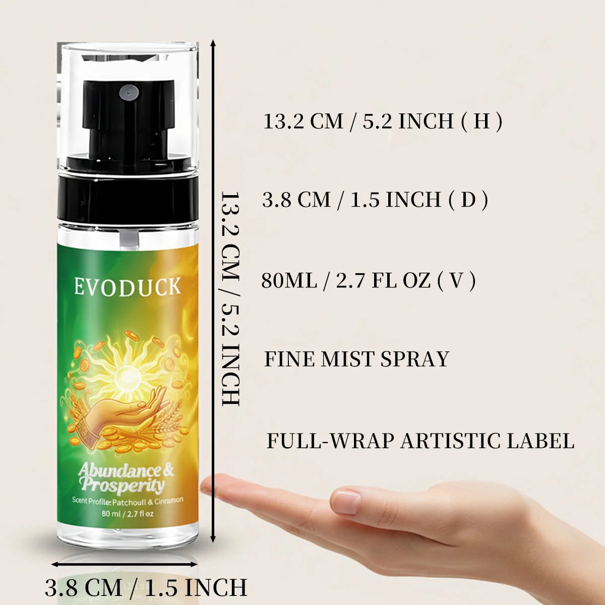 Evoduck Patchouli & Cinnamon body fragrance mist for women, 2.7oz travel size spray bottle with artistic wrap design.