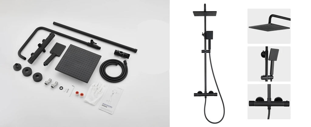Shower bar with thermostatic mixer tap, anti-scald mixer tap, 25x25 cm shower, adjustable shower bar without drilling, Black