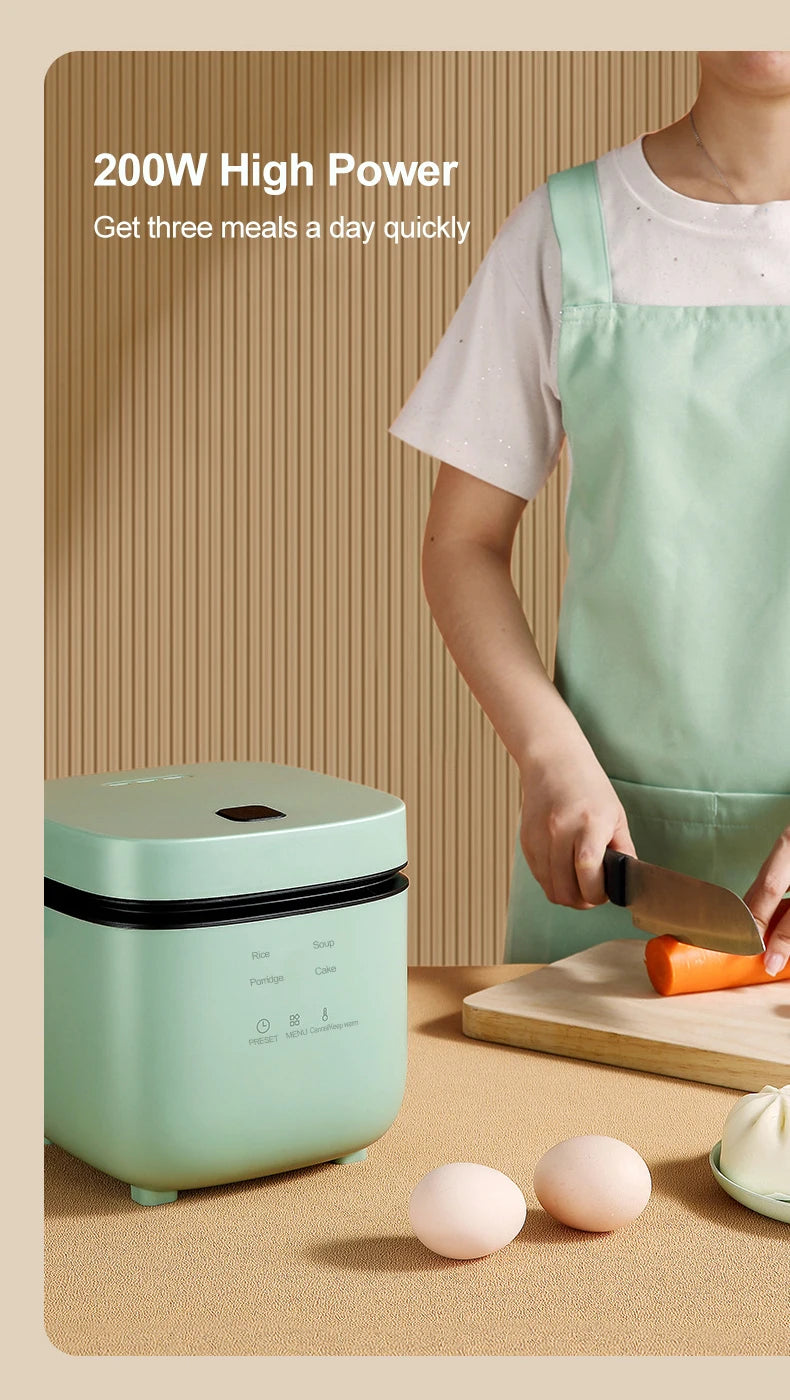 Mint-green mini rice cooker with black trim, top lid and control panel