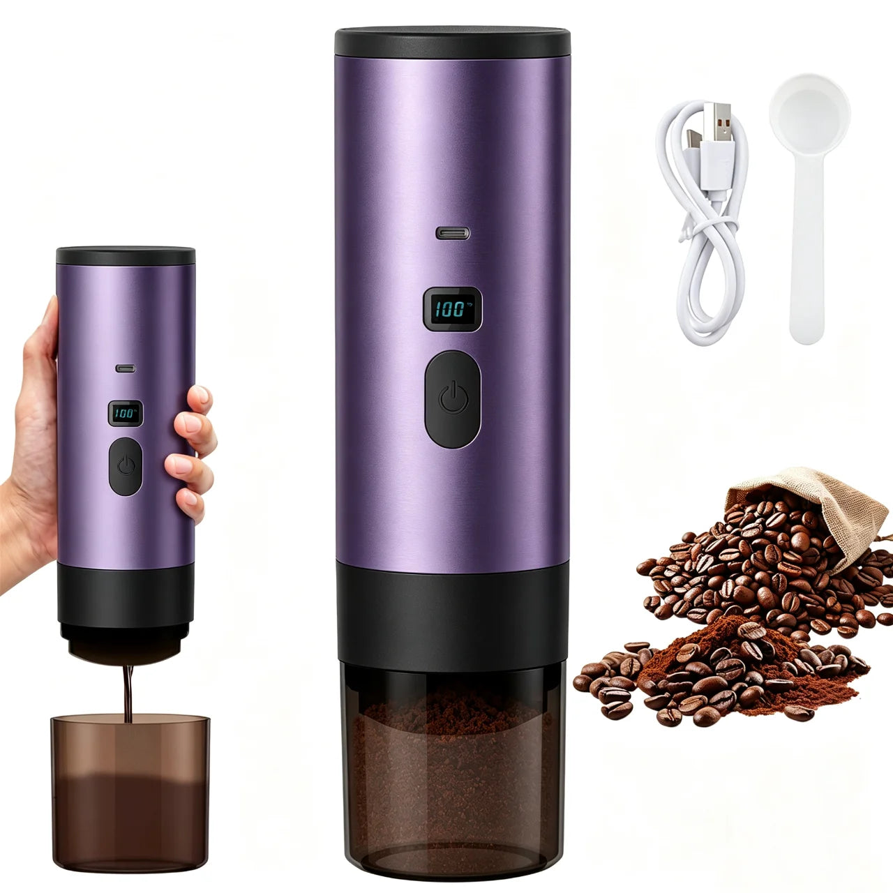 Portable purple electric coffee grinder with digital display, USB charging cable, and measuring scoop.