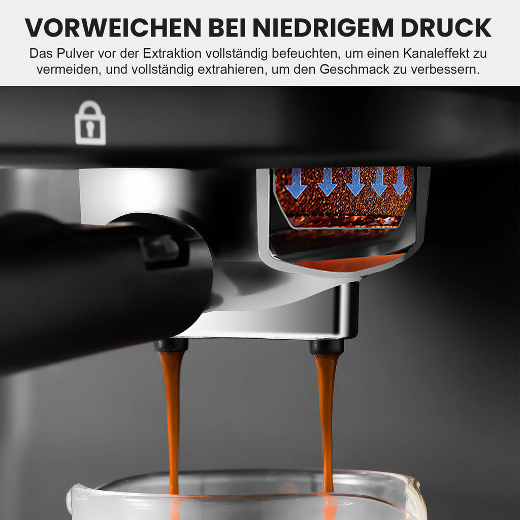 Espresso machine portafilter showing pre-infusion phase with coffee extraction into a glass cup.