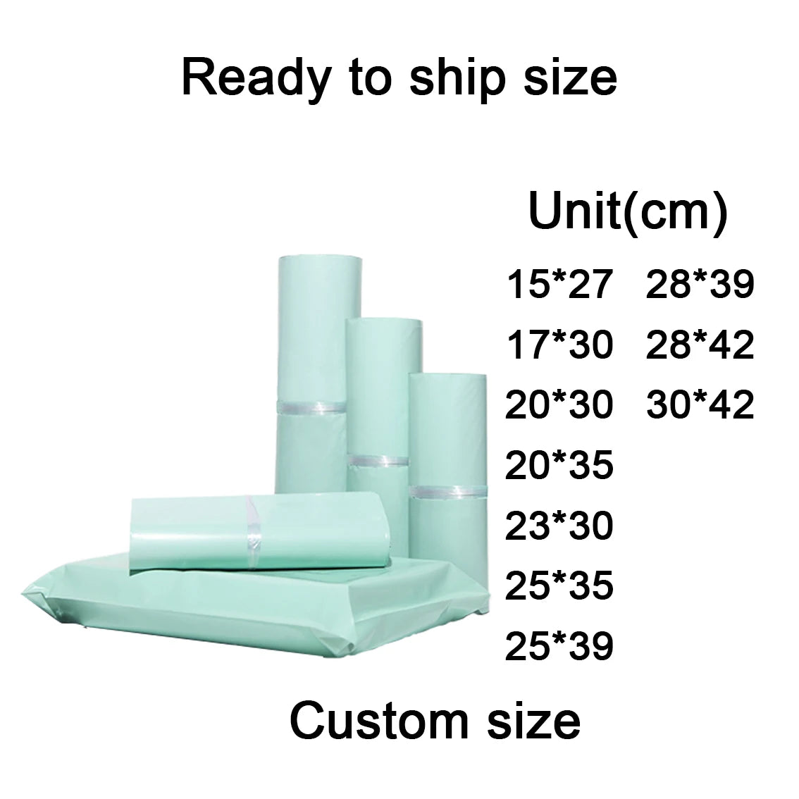 Light mint poly mailing bag rolls and flat folded bags, custom size chart shown