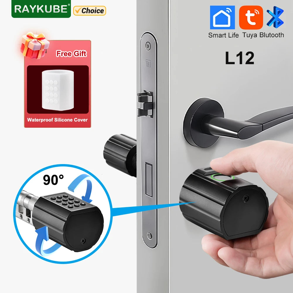 RAYKUBE L12 Tuya BLE Fingerprint Cylinder Electric Digital Door Lock With Waterproof Silicone Cover Password/Key/Tuya APP Unlock
