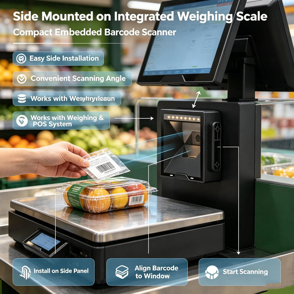 Embedded barcode scanner on countertop scale, hand scanning a product label