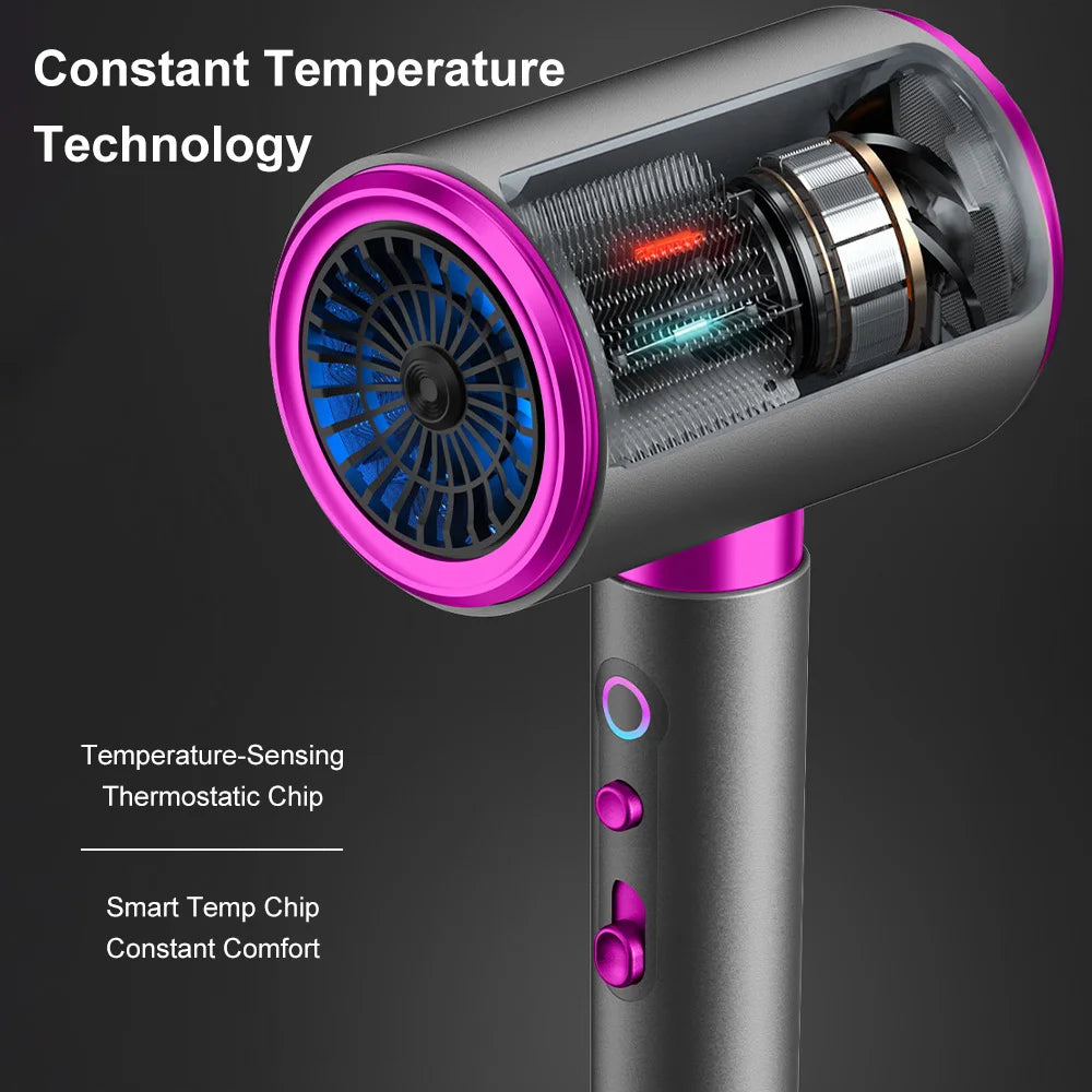 2400W high-speed grey and pink ionic hair dryer with internal motor view, smart thermostatic chip, and heat control.