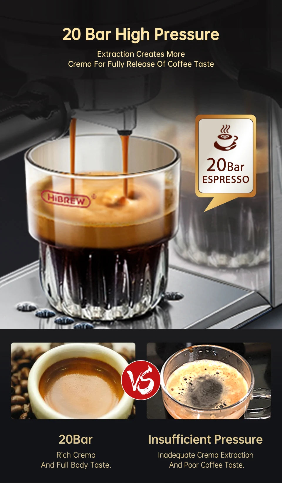 HiBREW 20-bar espresso machine brewing rich coffee into a glass cup for premium crema extraction.