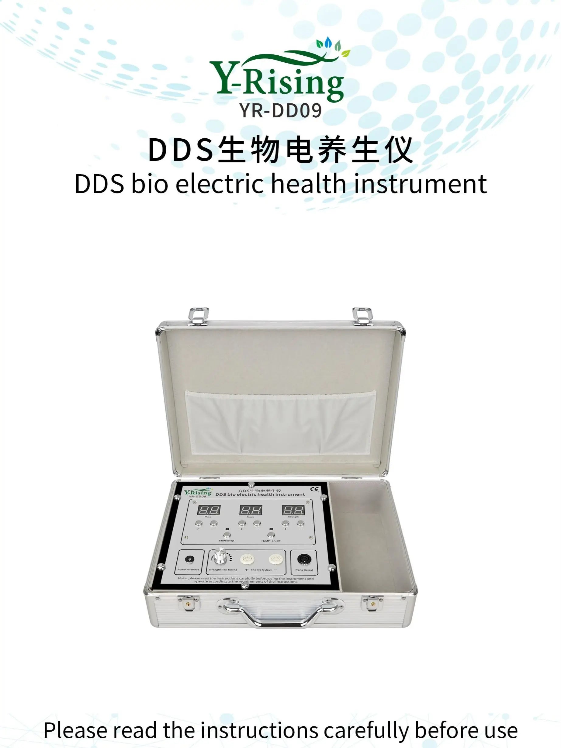 Y-Rising DDS bio electric therapy device in a portable silver aluminum case with digital display and control panel.