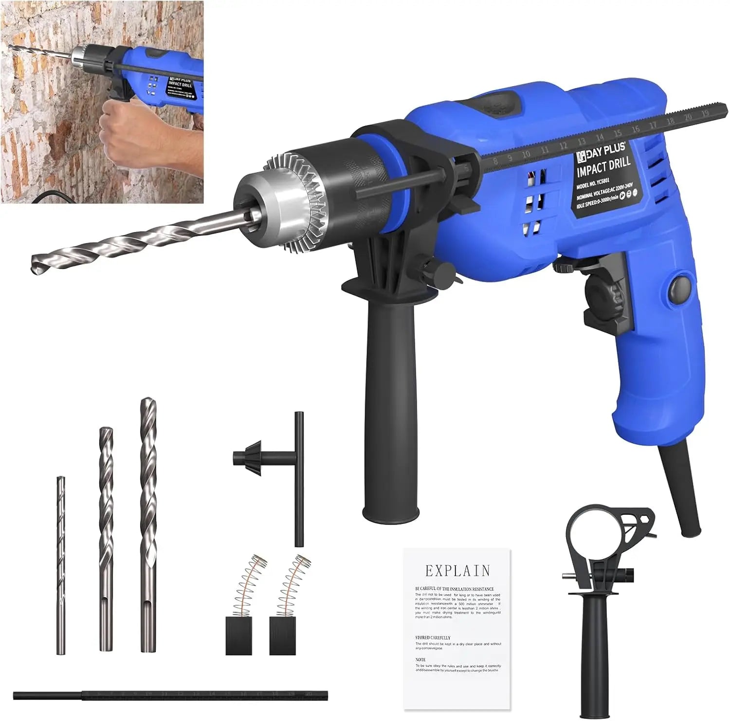 Hammer Drill Tool, 2 in 1 Electric Corded Impact Drill, 850W Corded Electric Impact Drill 3000rpm Variable Speed, for Home, Garden, DIY