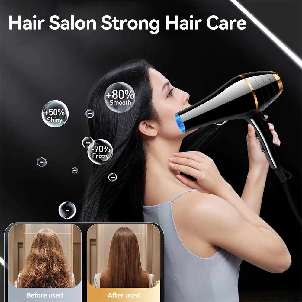 Professional black and gold negative ion hair dryer with nozzle, fast drying, anti-frizz, for salon-quality results.