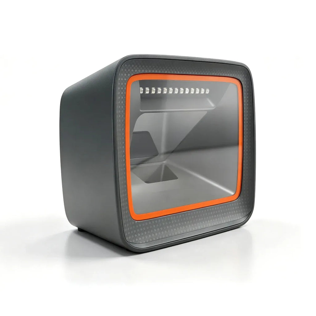 Desktop barcode scanner front view, dark gray housing with orange border