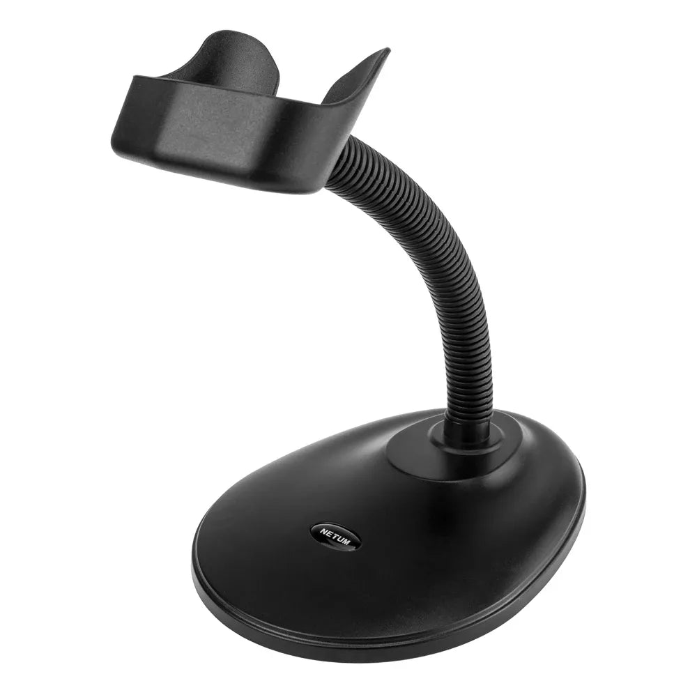 Black barcode scanner stand with curved cradle and ribbed flexible neck