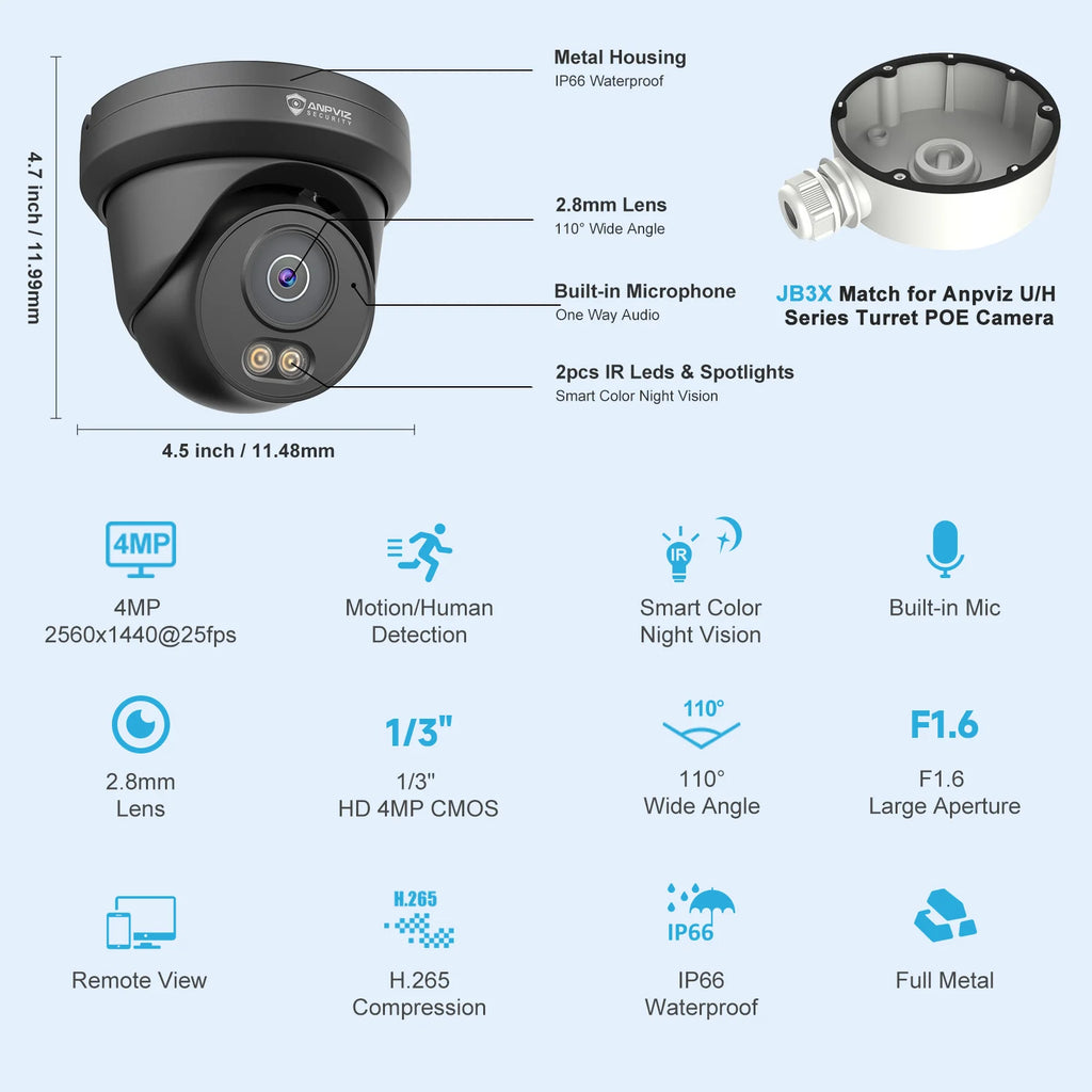 Anpviz 4MP PoE Camera Full Metal Turret Security IP Camera Smart Dual Light Color AI Human Motion Detection Built-in Mic H.265