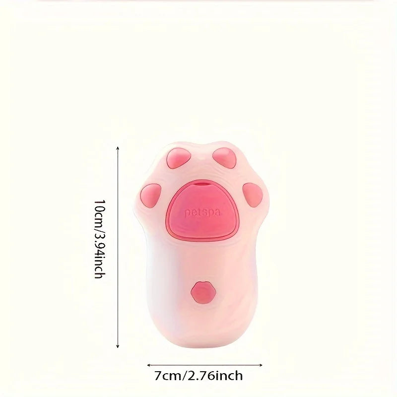 Pink 3-in-1 electric steam pet grooming brush in paw shape for easy hair removal and massage. 10cm x 7cm size.