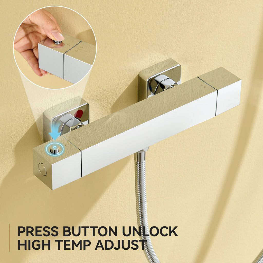 Square Thermostatic Shower Mixer Valve, Chrome Finish, Wall Mounted, 38°C Safety Lock, G1/2 Connection, Automatic Control
