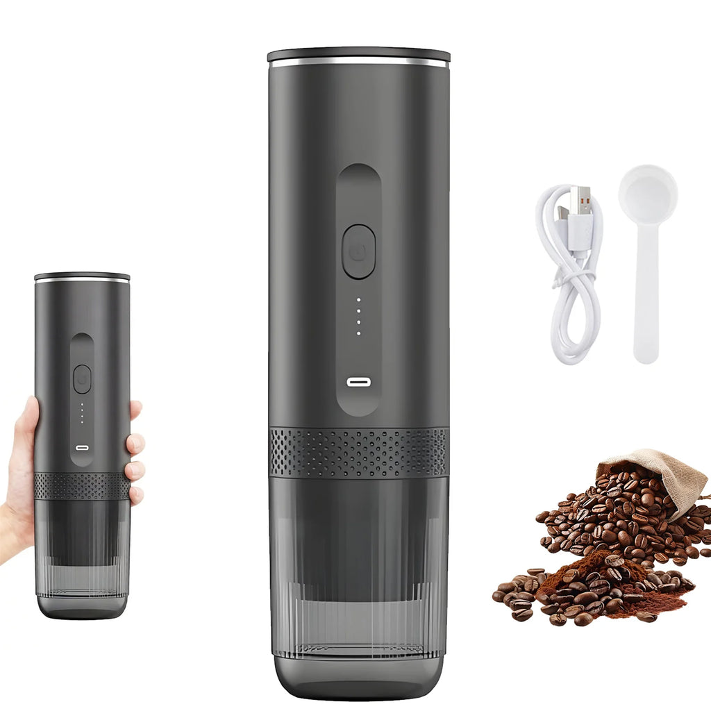 Portable matte black electric coffee grinder with USB charging cable, scoop, and coffee beans.