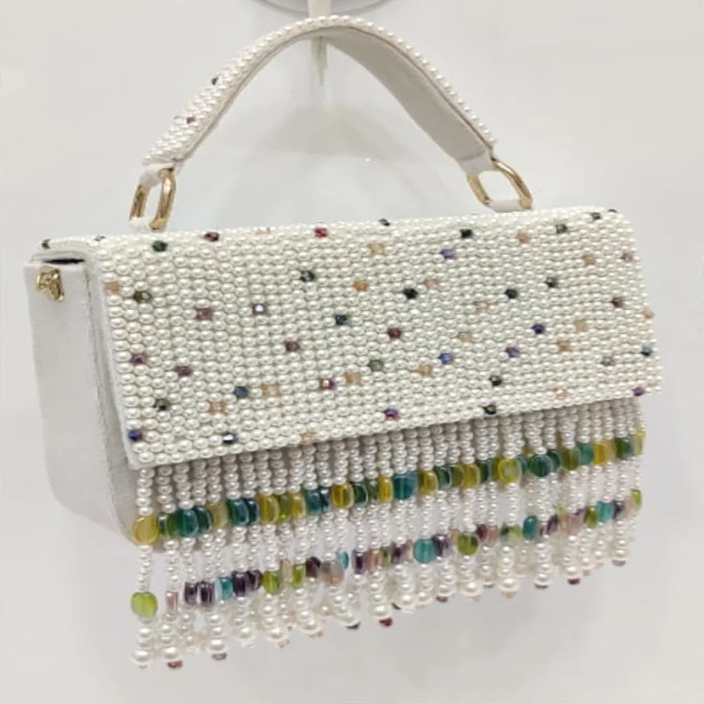 Luxury Embroidery Pearl Beaded Handbag Handmade Crystal Tassel Fringe Evening Clutch Portable 7 Inch Elegant Wedding Party Purse