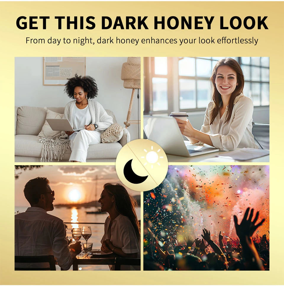 Collage of women using moisturizing dark honey lip balm for a long-lasting, nourished, and plumped lip makeup look.