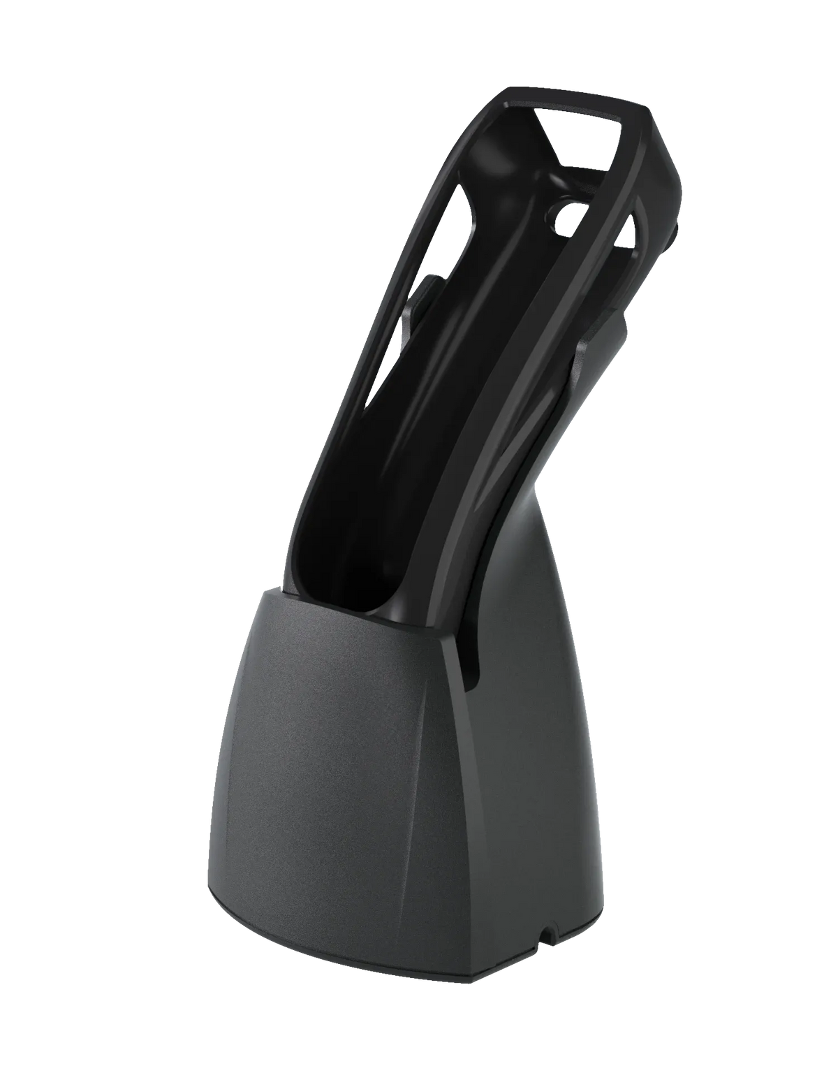 Black barcode scanner charging cradle with open dock bay