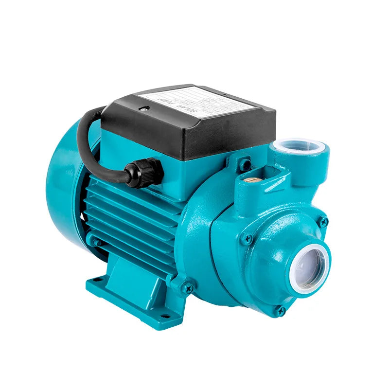 Blue DC water pressure booster pump with black controller housing and hose connector