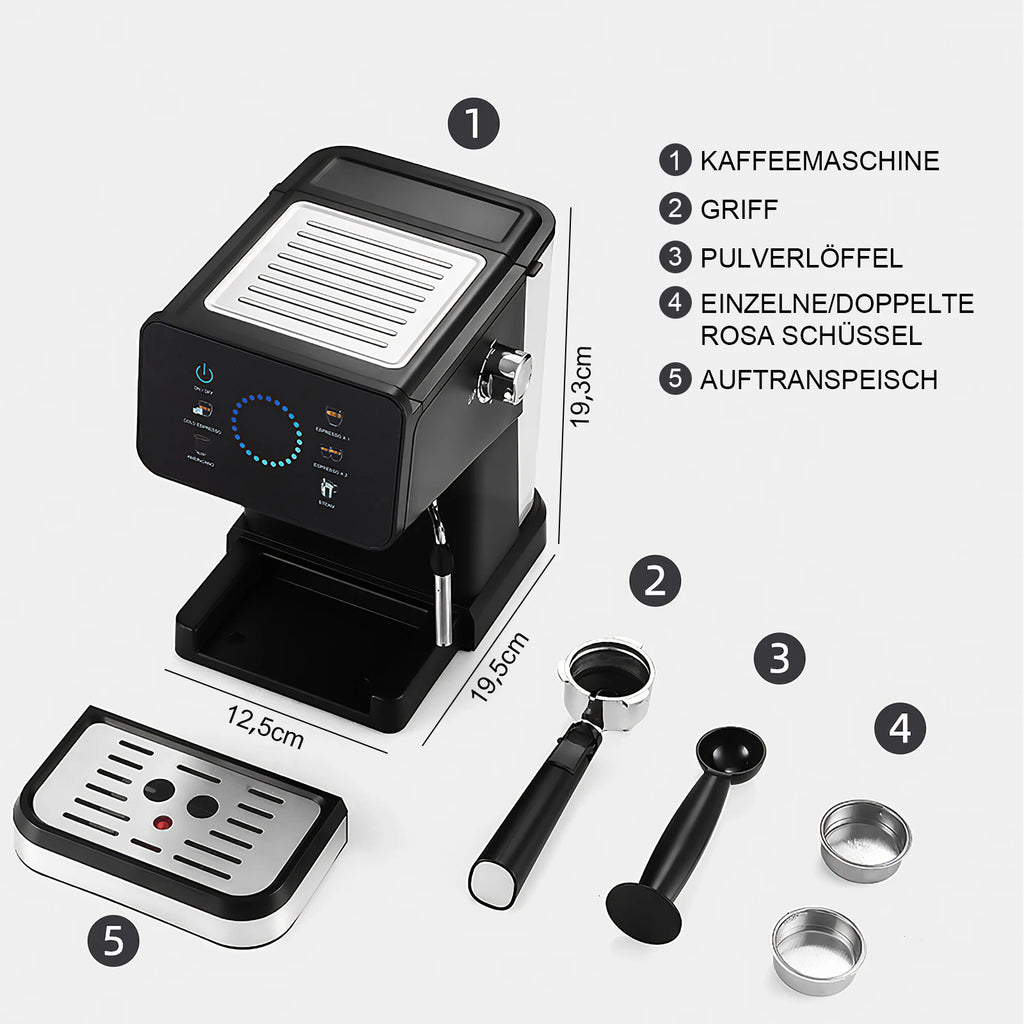 Compact black espresso machine with digital touch display, portafilter, scoop, filters, and removable drip tray.