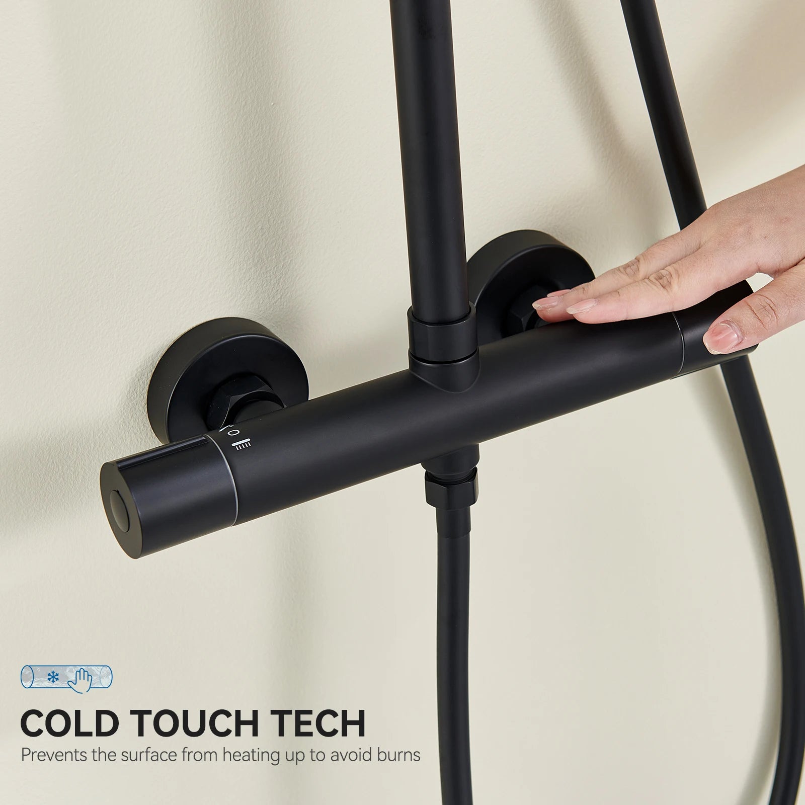 Shower bar with thermostatic mixer tap, anti-scald mixer tap, 25x25 cm shower, adjustable shower bar without drilling, Black