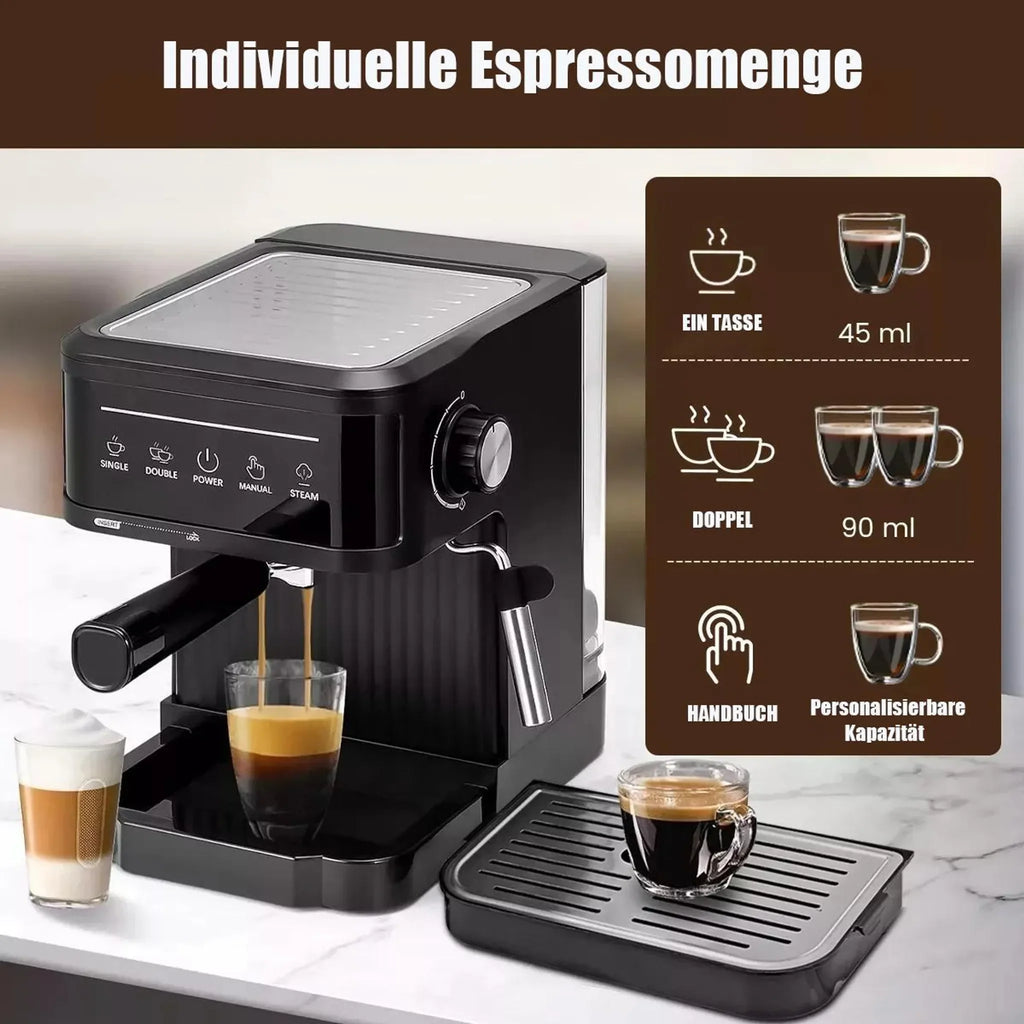 Black espresso machine with portafilter, steam wand, and customizable 45ml to 90ml cup capacity settings.