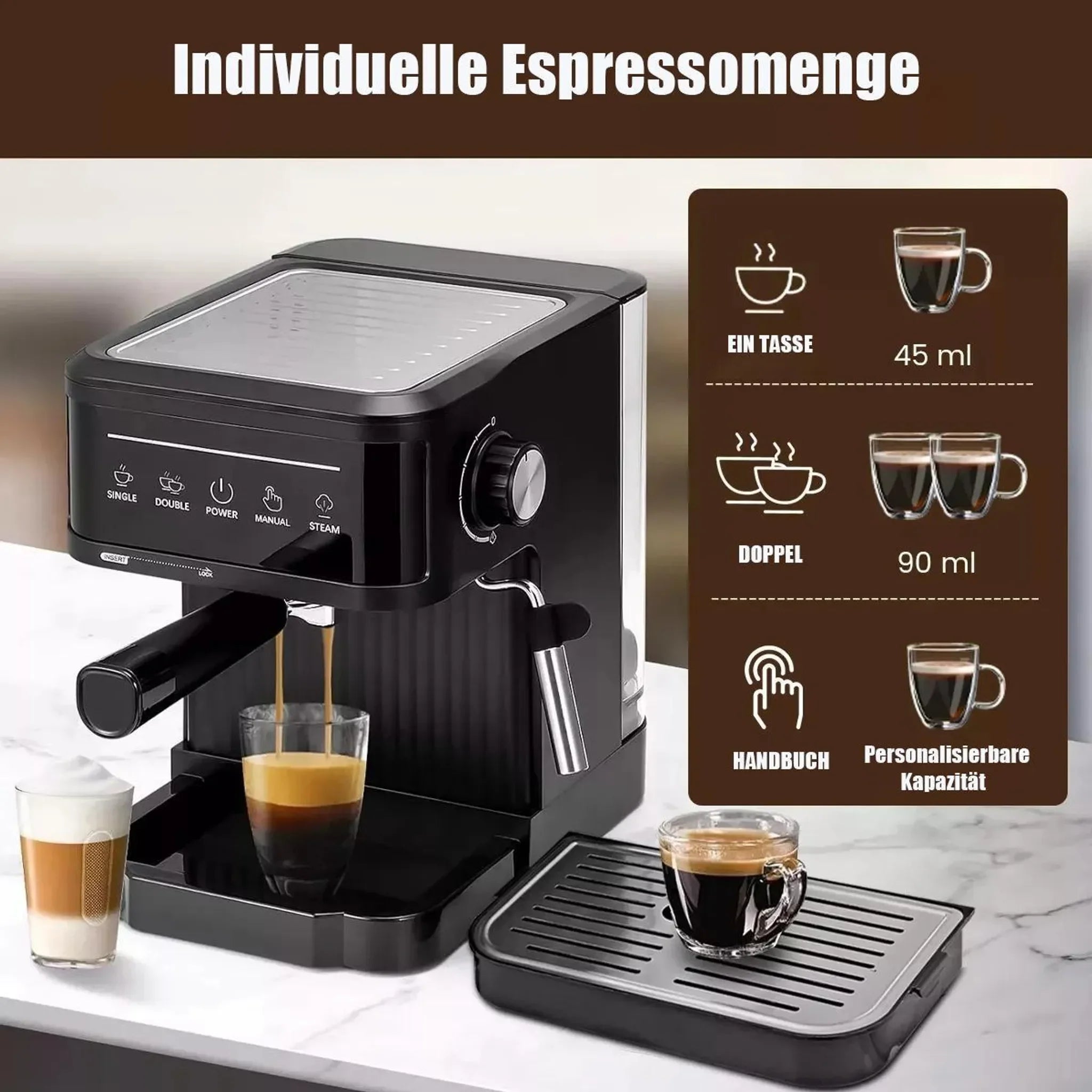 Black espresso machine with portafilter, steam wand, and customizable 45ml to 90ml cup capacity settings.