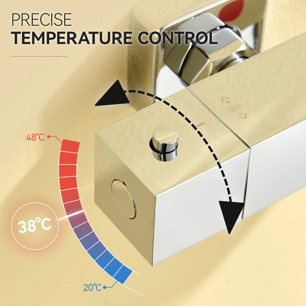 Square Thermostatic Shower Mixer Valve, Chrome Finish, Wall Mounted, 38°C Safety Lock, G1/2 Connection, Automatic Control
